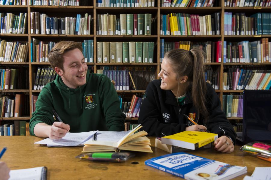 Two students studying in library with textbooks